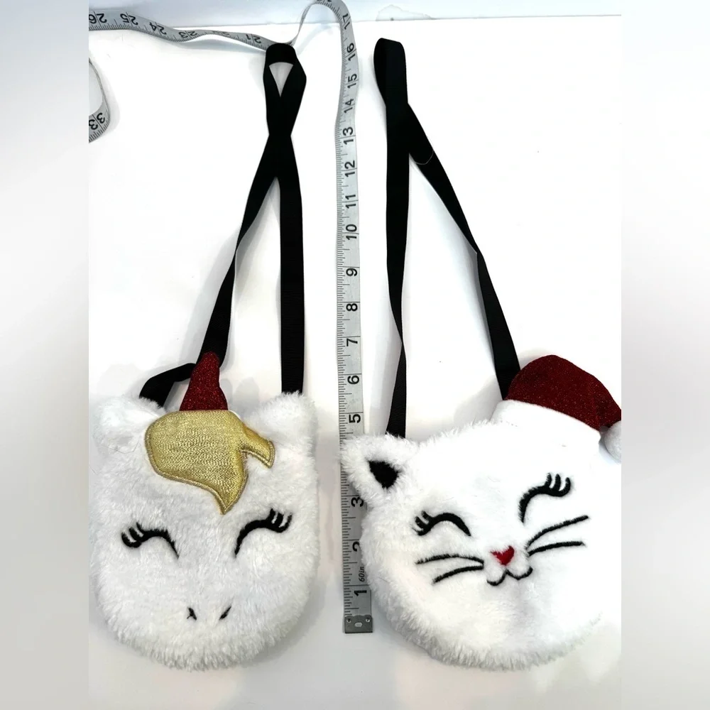 2 Toddler White Fuzzy Christmas Purses Unicorn and Kitty Pretend Play